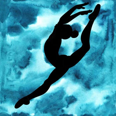 gymnast doing a leap in a leotard with a bent back leg