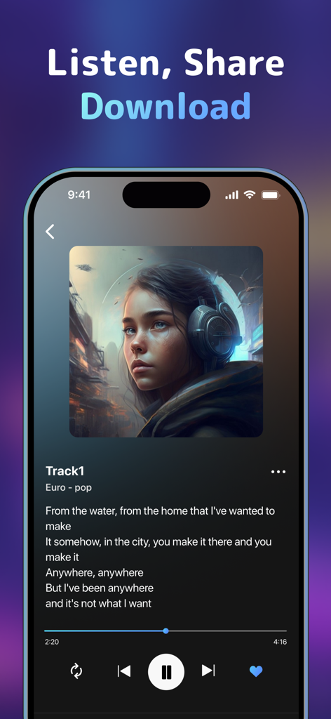 Music player screen in the AI Song and Voice Generator app with playback controls and lyrics.