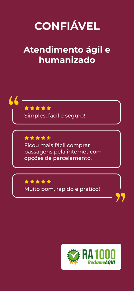 DeÔnibus - Passagens de Ônibus - DeOnibus app display featuring 5-star customer reviews and the RA1000 reliability certification.
