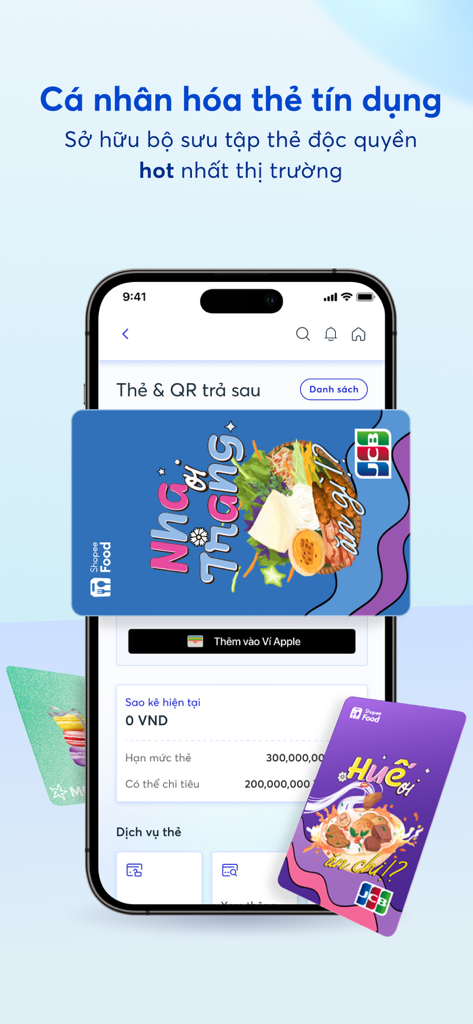 MB Bank mobile app interface displaying personalized Shopee Food and JCB credit card designs with Apple Wallet integration