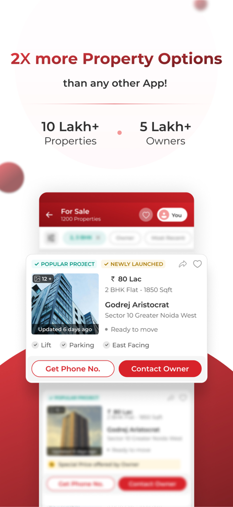 Magicbricks app screen displaying over 10 lakh property options and a detailed residential flat listing in India.