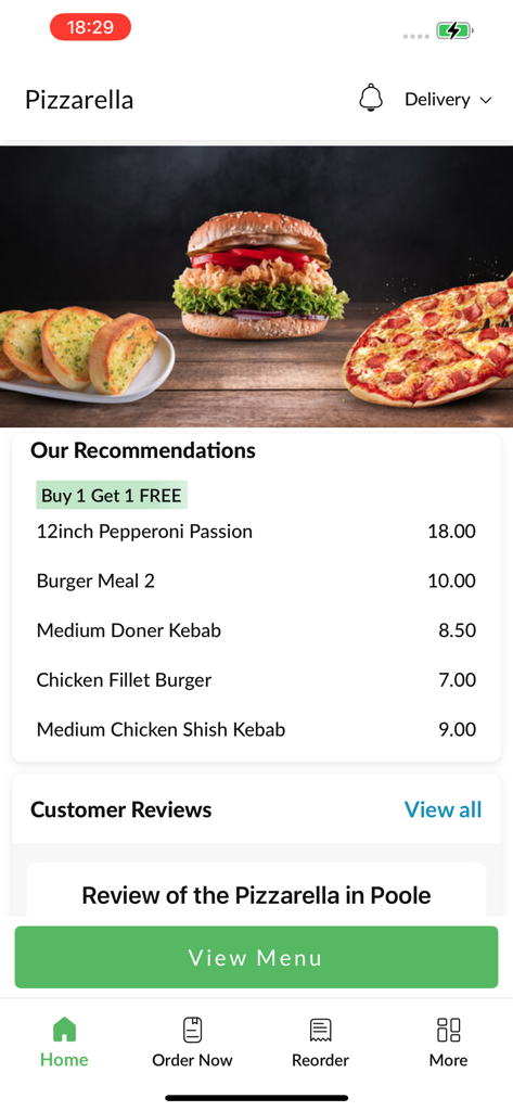 Pizzarella. - Pizzarella mobile app home screen showing food recommendations and a view menu button