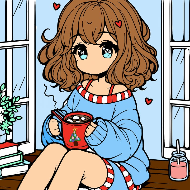 cute anime girl reading book and drinking hot chocolate from mug with loose wavy hair wearing a baggy sweatshirt and shorts sitting by windowsill looking out
