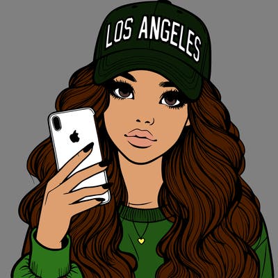 realistic beautiful girl wearing los ángeles cap holding an iphone
