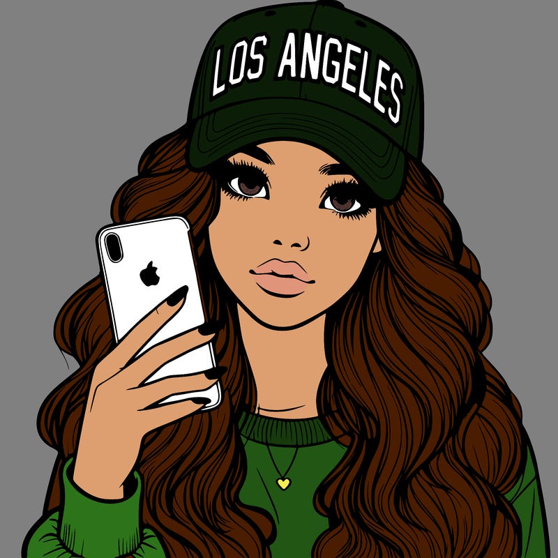 realistic beautiful girl wearing los ángeles cap holding an iphone