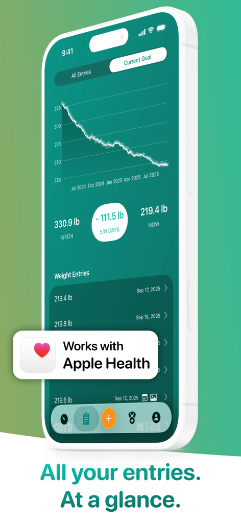 Scelta app interface showing a weight loss progress chart and entries history with Apple Health integration