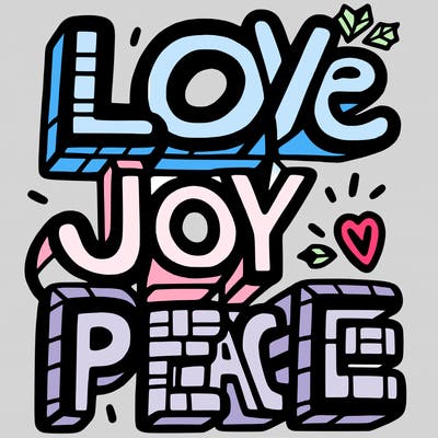 the word in block letters "love, joy, peace"