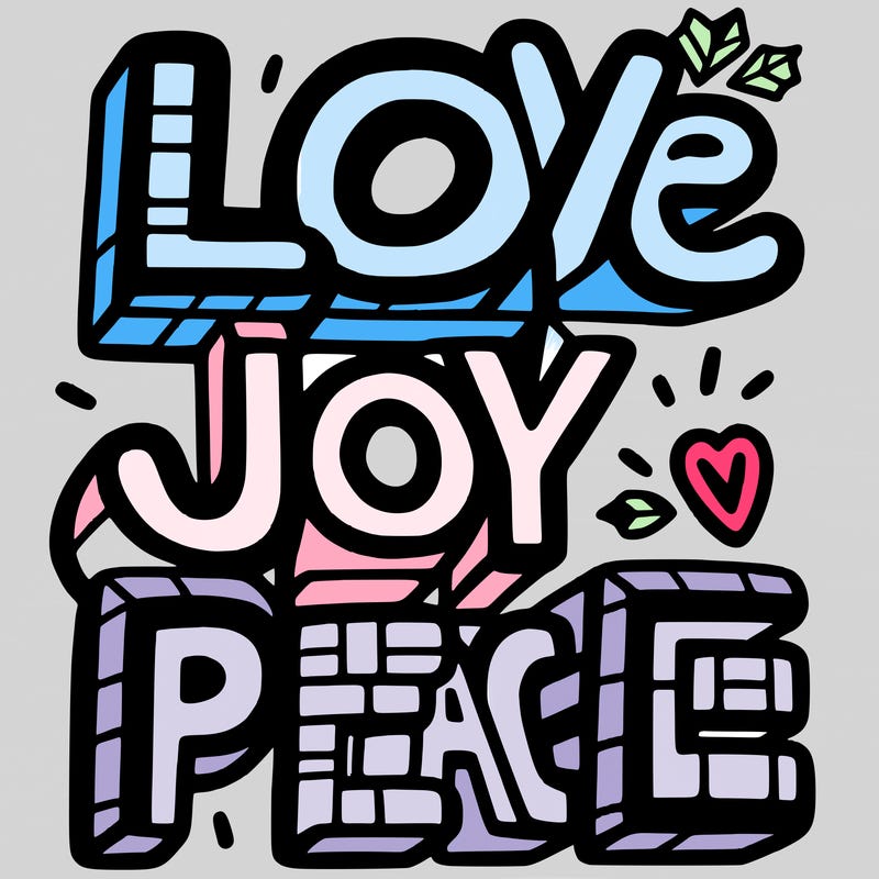 the word in block letters "love, joy, peace"