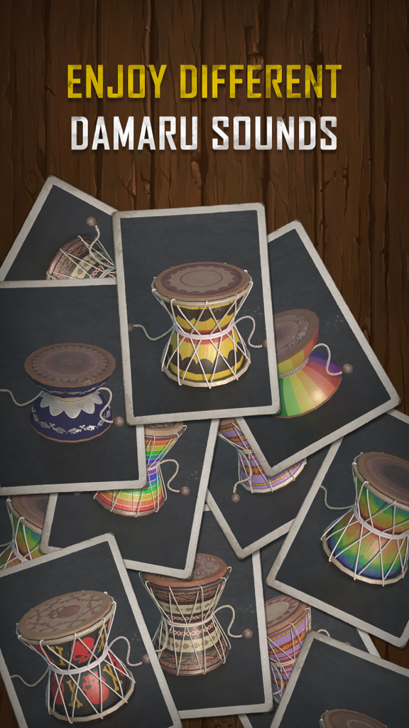 Damaru - Origin Of Music - Vários designs coloridos de tambores Damaru em cartões para seleção de som