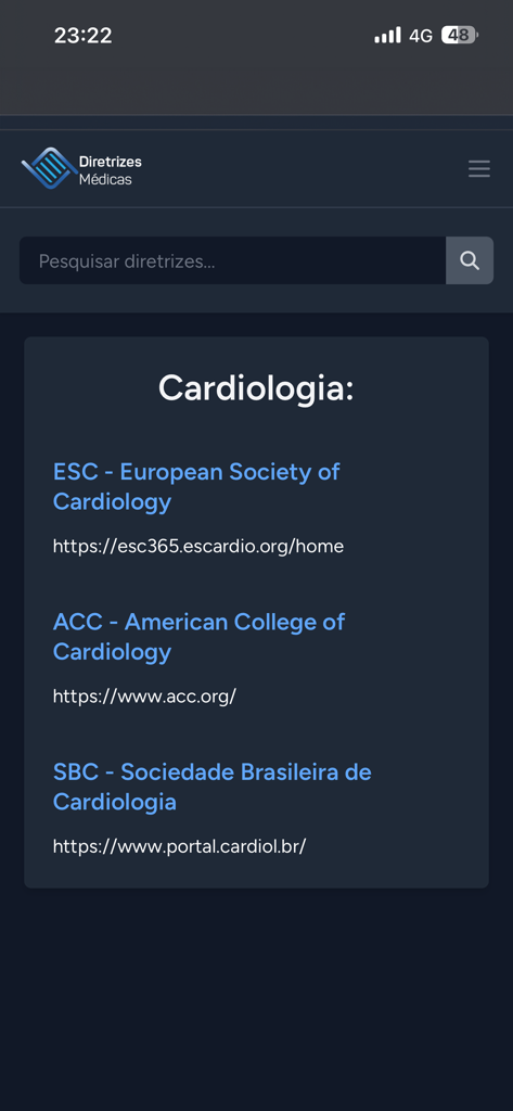 Diretrizes da Cardiologia - Interface of the cardiology guidelines app showing links to international cardiology societies like ESC, ACC, and SBC.