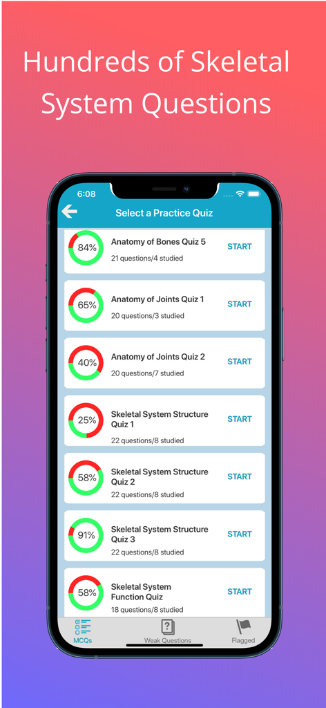 Skeletal System Quizzes - Mobile app interface showing a list of skeletal system practice quizzes and student progress percentages