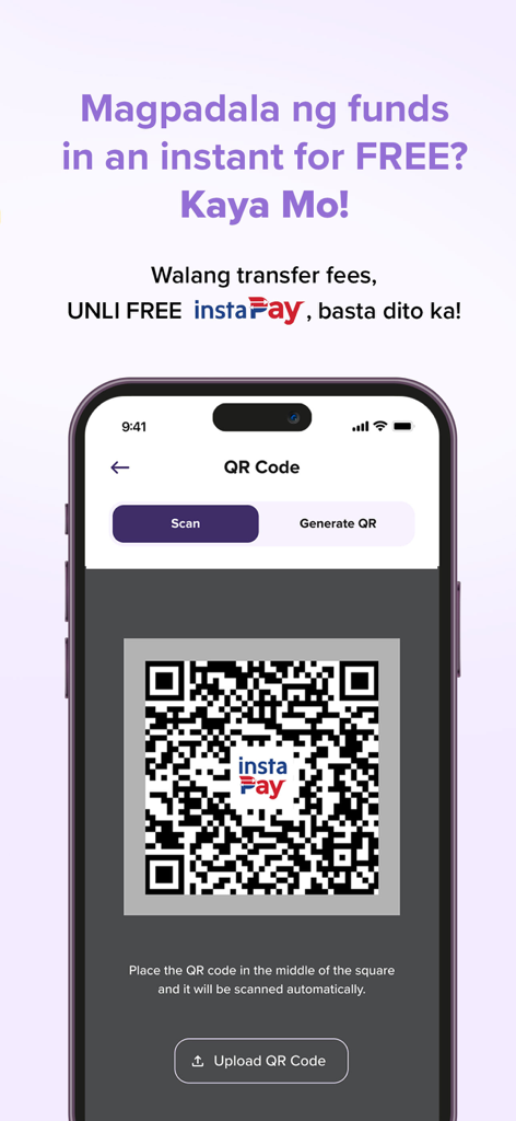 UnionDigital Bank (UD) - UnionDigital Bank app screen showing a QR code scanner for free InstaPay money transfers