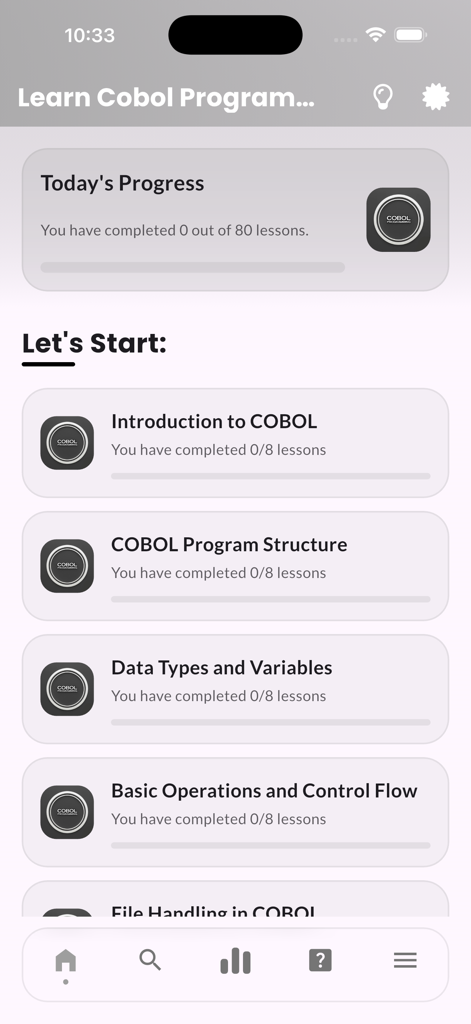 Learn Cobol Programming Pro - The Learn Cobol Programming app dashboard showing a list of lessons including Introduction to COBOL and Program Structure