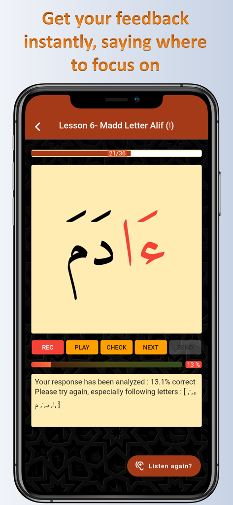 TajweedMate app screen showing instant AI feedback and analysis of Arabic recitation
