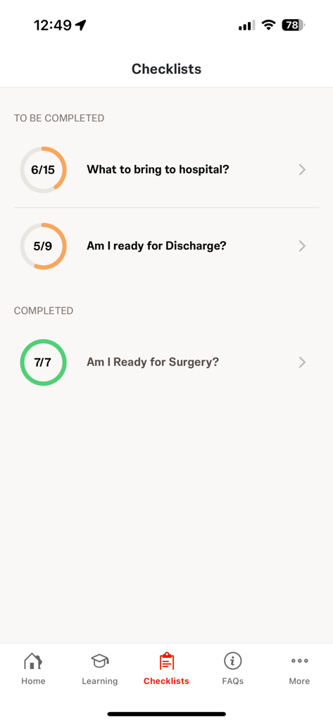 Care4Today® Education - Care4Today Education app checklists interface showing patient preparation tasks for surgery and recovery progress