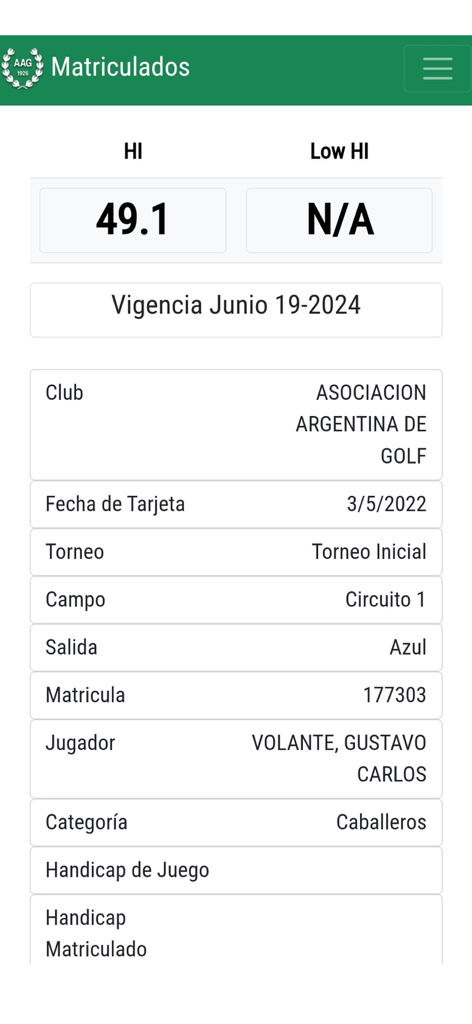 AAG Matriculados - Pantalla de la aplicación AAG Matriculados que muestra el índice de hándicap de un golfista y los detalles del historial del torneo