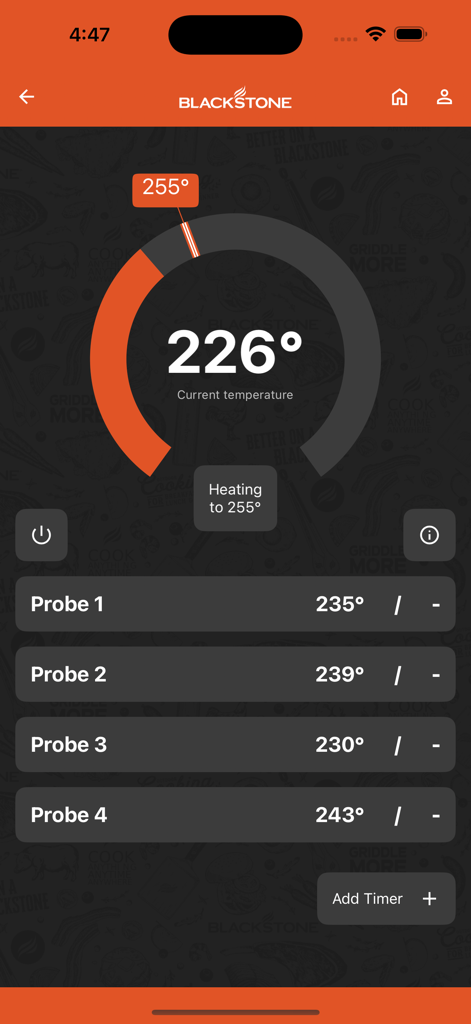 The Blackstone Connect app interface displaying a current grill temperature of 226 degrees along with four separate meat probe readings.