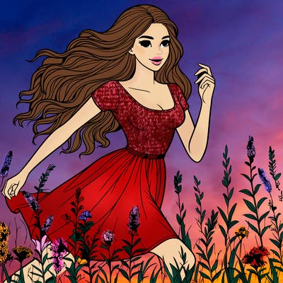 beautiful realistic woman running through field