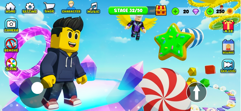 Obby Fun Parkour Race Games - Personaje estilo Roblox en un curso de parkour temático de dulces de colores en Obby Fun Parkour Race Games.