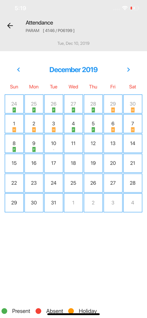 Digital Campus Parent App v3 - 2019年12月の生徒の出席状況、欠席状況、休日ステータスを示す月間学校出席カレンダーインターフェース。