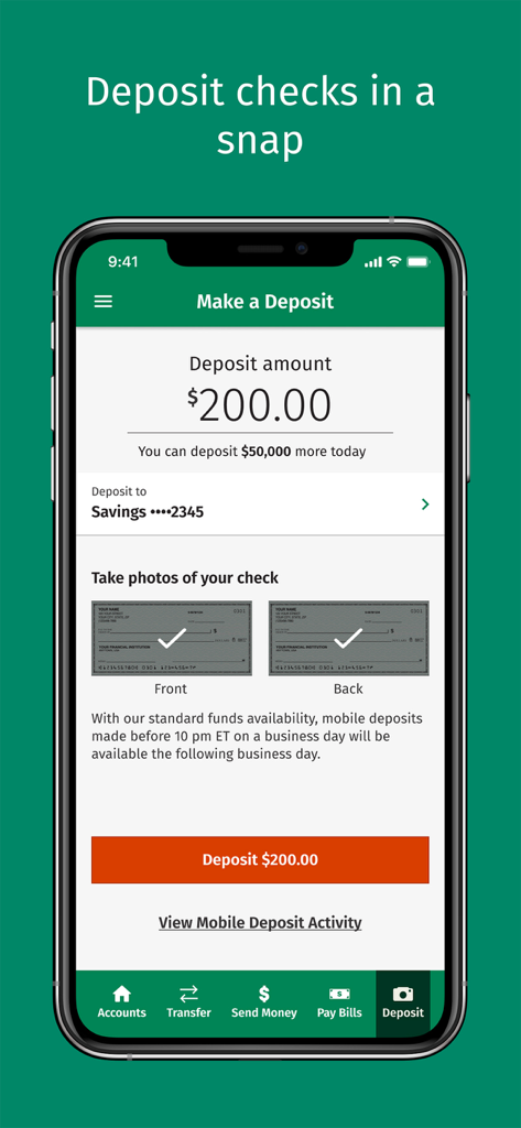 Mobile check deposit interface on the Citizens Bank app showing how to snap photos of a check for deposit