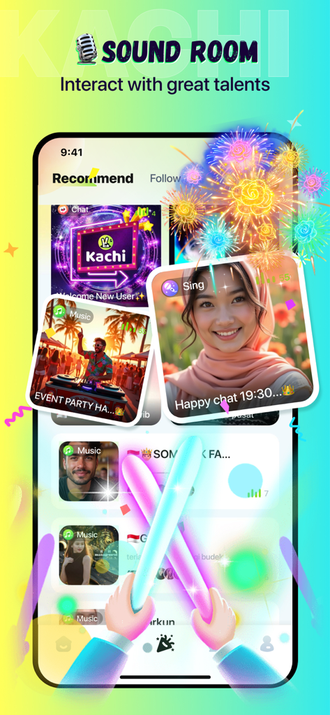 Kachi - Chat, Call & Party - Oberfläche des Kachi App-Soundraums mit Live-Talentkarten und bunten virtuellen Party-Effekten
