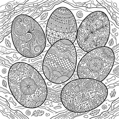 Explore the prehistoric world with this unique coloring page featuring fossilized dinosaur eggs adorned with captivating Zentangle patterns. Dive into a meditative coloring experience and bring these ancient designs to life with your chosen colors.