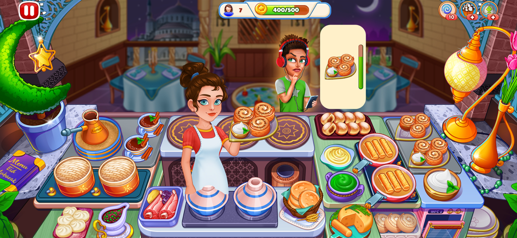 Cooking Express 2 - Food Games - A chef serving customers in a Middle Eastern themed kitchen level in the Cooking Express 2 mobile game.