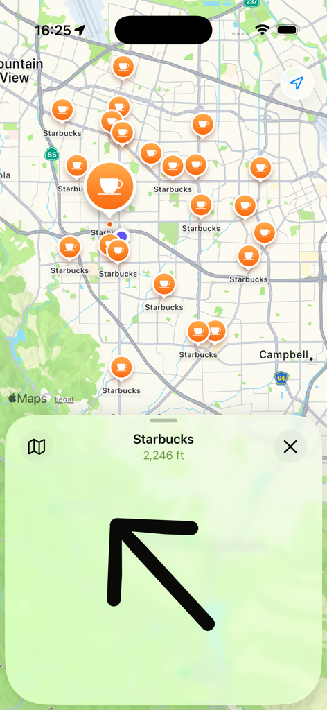 Simple Direction Navigator - Map view in Simple Direction Navigator showing coffee shop locations and a minimalist directional arrow with distance
