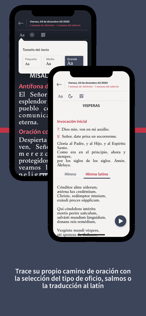 Liturgia de las Horas CEE - Telas de smartphone mostrando a interface do aplicativo Liturgia das Horas CEE com configurações de tamanho de texto e orações litúrgicas em latim