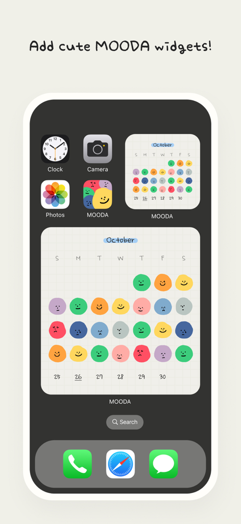 MOODA - iPhone home screen showing MOODA calendar widgets with colorful mood icons