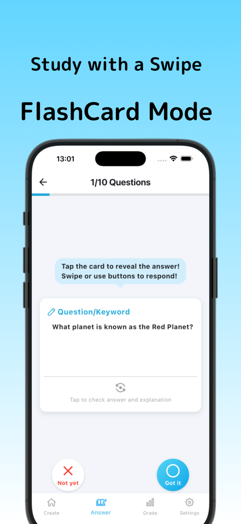 Q Share – Quiz & Sharing App – - Mobile app interface showing flashcard mode in Q Share with a question about the Red Planet