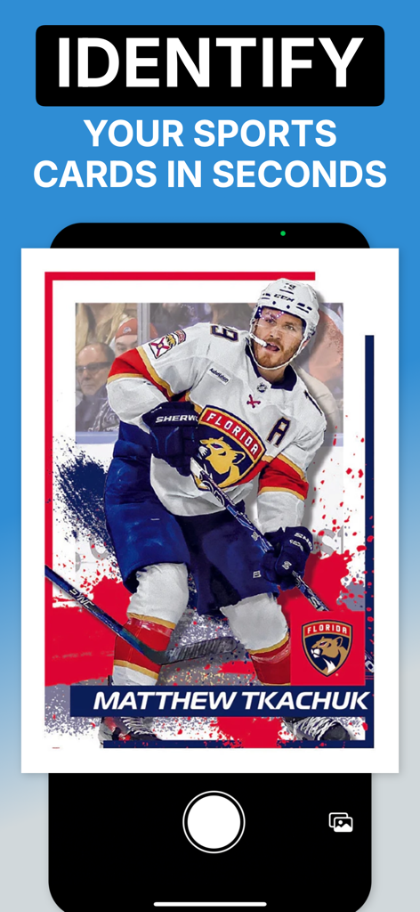 Smartphone screen using AI to scan and identify a Matthew Tkachuk hockey card