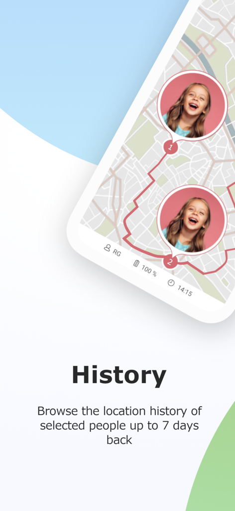 Family Locator app interface displaying a map with a child's location history and profile photo.