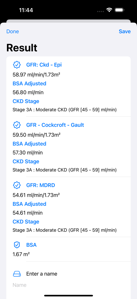 eGFR Calculator Pro - eGFR Calculator Pro results screen showing kidney function metrics for CKD-EPI, Cockcroft-Gault, and MDRD formulas with CKD staging