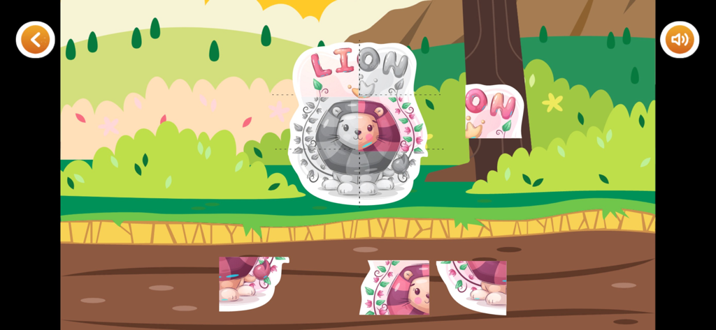 ABC Kids - Games for Toddlers - Una pantalla de rompecabezas de un personaje león de la aplicación educativa ABC Kids para niños pequeños.