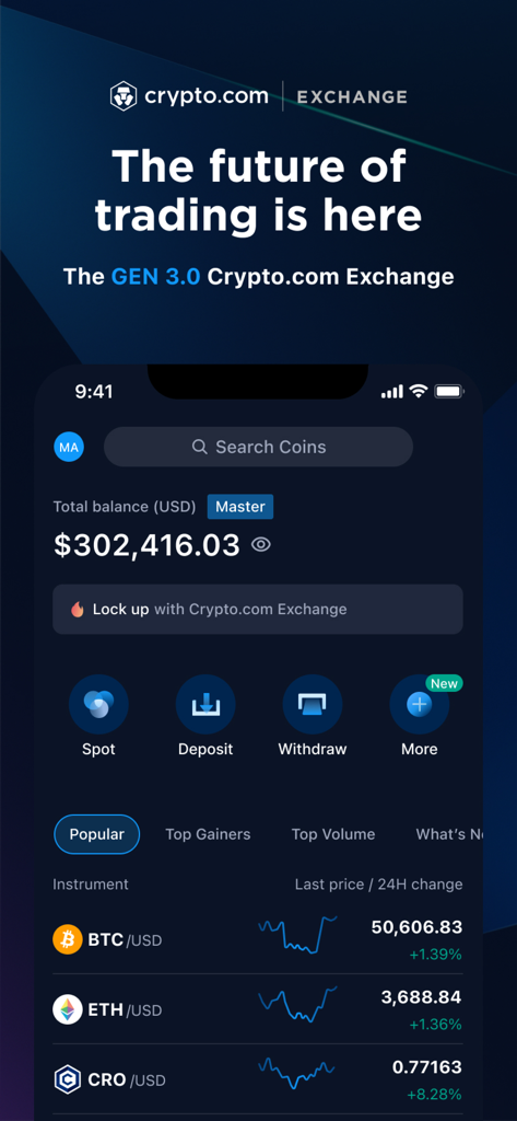 Crypto.com Exchange - Interfaccia mobile di Crypto.com Exchange che mostra il saldo totale e grafici dei prezzi delle criptovalute