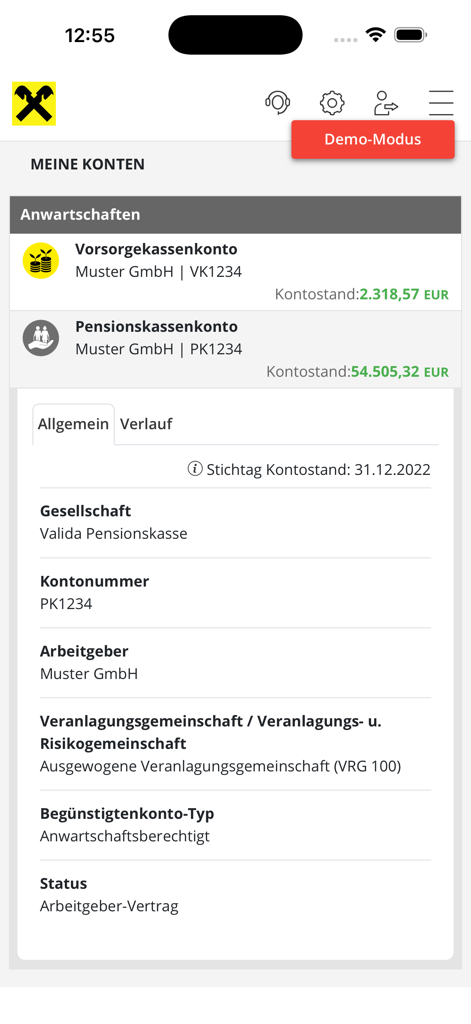 Dashboard der Valida Mobile App mit Guthabenübersicht für Pensions- und Abfertigungskonten