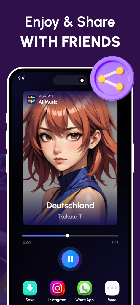 AI Cover – Hit Songs Creator - Interfaz de smartphone mostrando opciones para compartir covers de canciones generados por IA en redes sociales