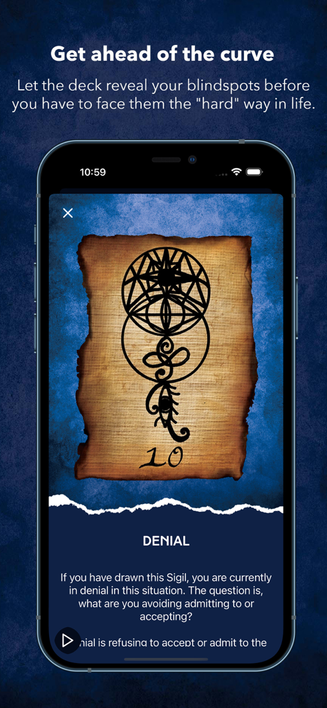 Blind Spot Oracle Cards - Blind Spot Oracle Cards app interface showing the Denial card with a sigil on parchment.