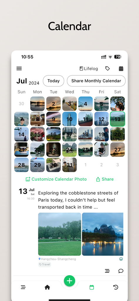 Lifelog Note - Vista de calendario de la aplicación Lifelog Note que presenta una cuadrícula de fotos de recuerdos diarios y una entrada de diario detallada para julio