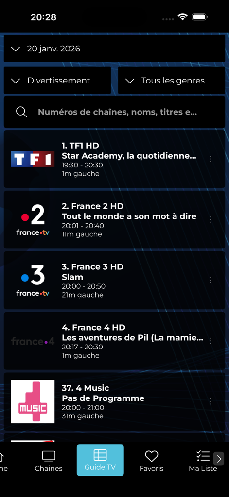 Interface de l'application Mondial TV affichant un guide des programmes de télévision français