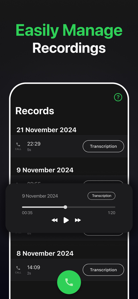 Kallix - Record Calls - Interface of the Kallix app showing a list of call records with playback controls and transcription buttons