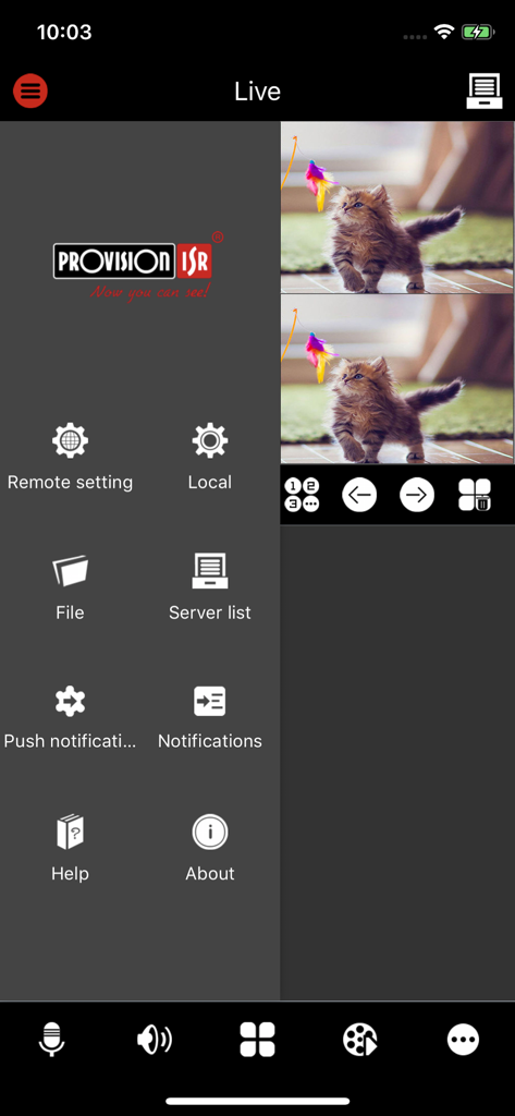 Provision Cam 2 app interface displaying live surveillance feed and side navigation menu