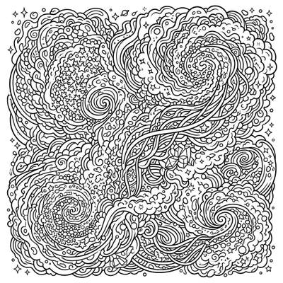 Unleash your creativity with this mesmerizing Cosmic Dust Patterns coloring page, perfect for teens who love intricate designs. Dive into a universe of swirling nebulae, sparkling stars, and abstract shapes, ready for your artistic touch.