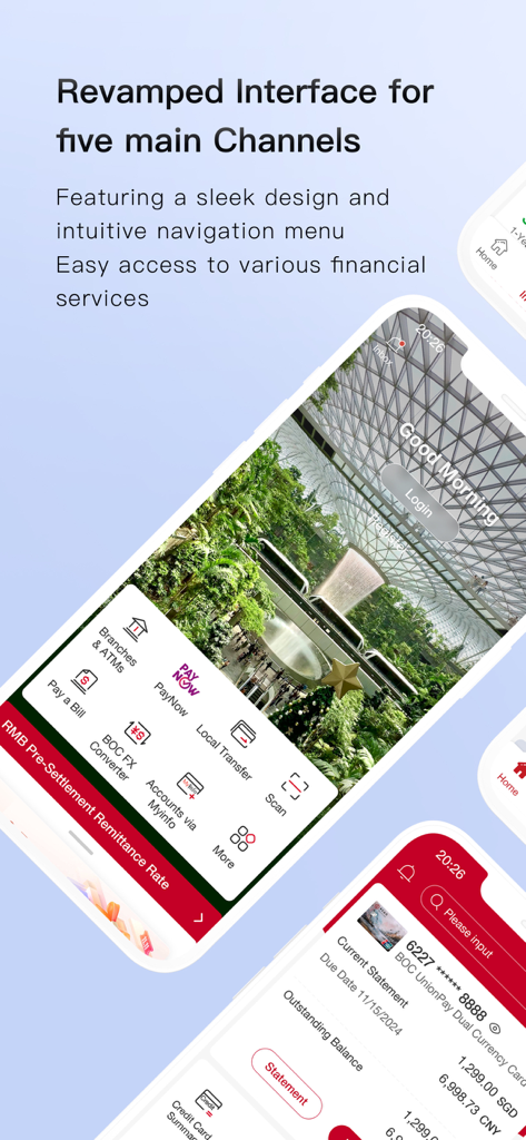 Revamped interface of Bank of China mobile banking app featuring global financial services and account management.