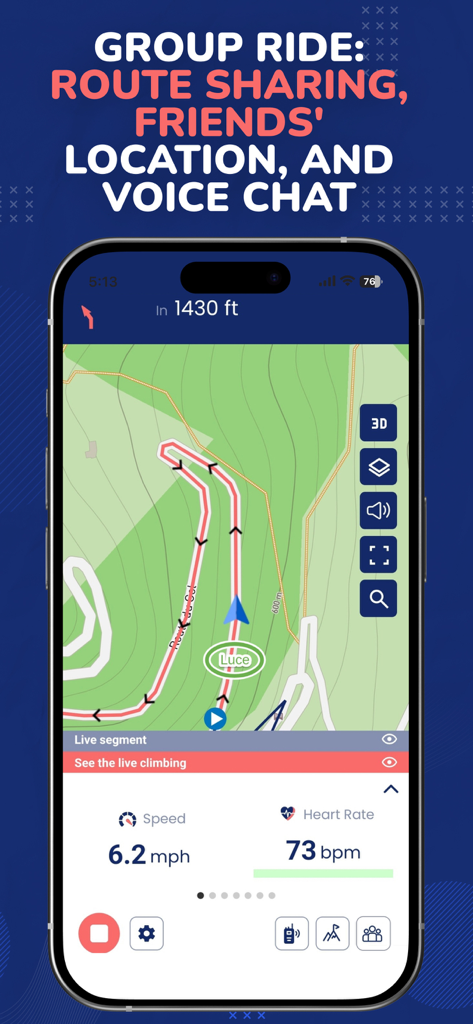 Bike GPS Navigation & Tracker - BikeCompanion app interface showing group ride navigation with live friend locations and performance metrics like speed and heart rate