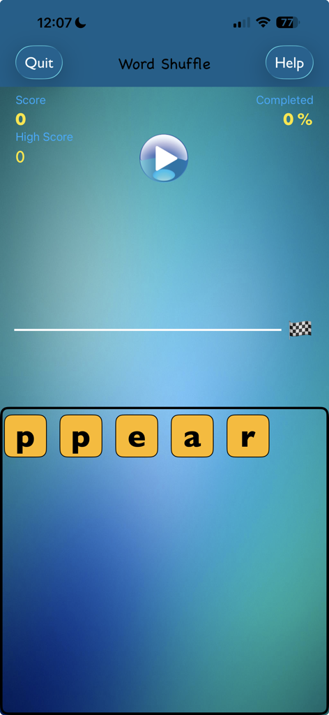 A screenshot of the Word Shuffle game in the TurboWords Spelling app showing letter tiles and game progress.