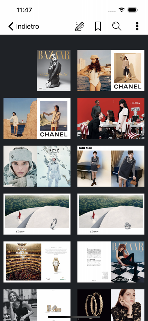 Vista de cuadrícula de páginas de revistas de moda de lujo en la app de Harpers Bazaar