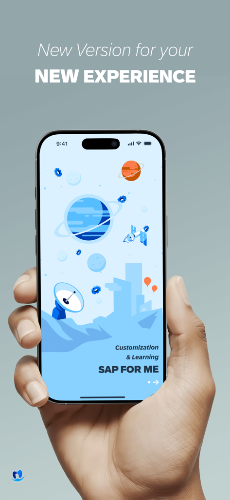 A hand holding an iPhone displaying the SAP for Me app welcome screen featuring space-themed illustrations and text about a new experience.